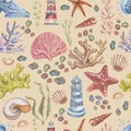 Sea Ã¢â¬â¹Ã¢â¬â¹travel lighthouse corals shells beach watercolor illustration